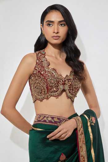 Shop Aum By Asit And Ashima Green Raw , Sweetheart Neck Emerald Embroidered Saree With Blouse Online at Aza Fashions Shop_Aum By Asit And Ashima_Green Raw , Sweetheart Neck Emerald Embroidered Saree With Blouse _Online_at_Aza_Fashions