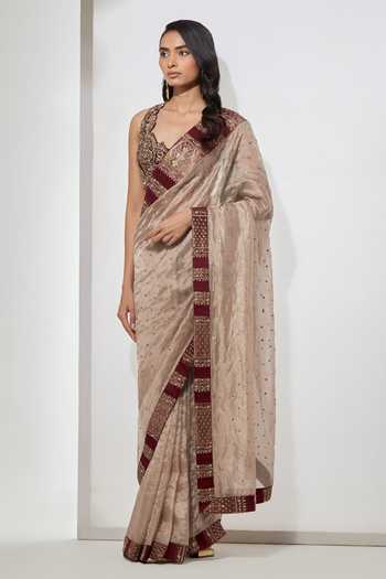 Aum By Asit And Ashima Gold Raw Silk, Silk, Tissue, Brocade Sweetheart Neck Ivory Saree With Blouse Online at Aza Fashions Aum By Asit And Ashima_Gold Raw Silk, Silk, Tissue, Brocade Sweetheart Neck Ivory Saree With Blouse _Online_at_Aza_Fashions