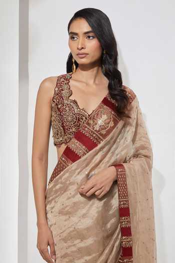 Shop Aum By Asit And Ashima Gold Raw Silk, Silk, Tissue, Brocade Sweetheart Neck Ivory Saree With Blouse Online at Aza Fashions Shop_Aum By Asit And Ashima_Gold Raw Silk, Silk, Tissue, Brocade Sweetheart Neck Ivory Saree With Blouse _Online_at_Aza_Fashions