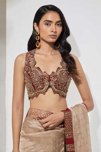 Aum By Asit And Ashima Gold Raw Silk, Silk, Tissue, Brocade Sweetheart Neck Ivory Saree With Blouse at Aza Fashions Aum By Asit And Ashima_Gold Raw Silk, Silk, Tissue, Brocade Sweetheart Neck Ivory Saree With Blouse _at_Aza_Fashions