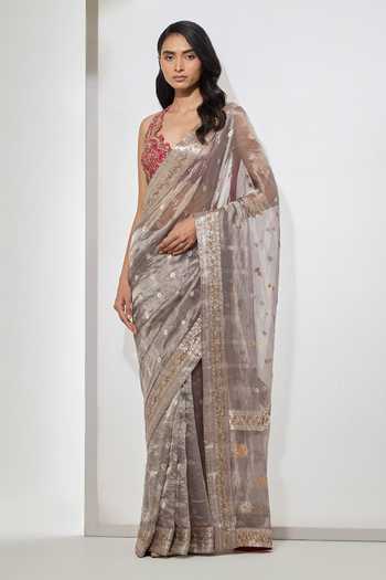 Aum By Asit And Ashima Pink Raw Silk, Silk, Tissue Cut-out Neck Organza Saree With Hot Blouse Online at Aza Fashions Aum By Asit And Ashima_Pink Raw Silk, Silk, Tissue Cut-out Neck Organza Saree With Hot Blouse _Online_at_Aza_Fashions