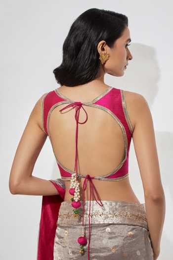 Buy Aum By Asit And Ashima Pink Raw Silk, Silk, Tissue Cut-out Neck Organza Saree With Hot Blouse Online at Aza Fashions Buy_Aum By Asit And Ashima_Pink Raw Silk, Silk, Tissue Cut-out Neck Organza Saree With Hot Blouse _Online_at_Aza_Fashions