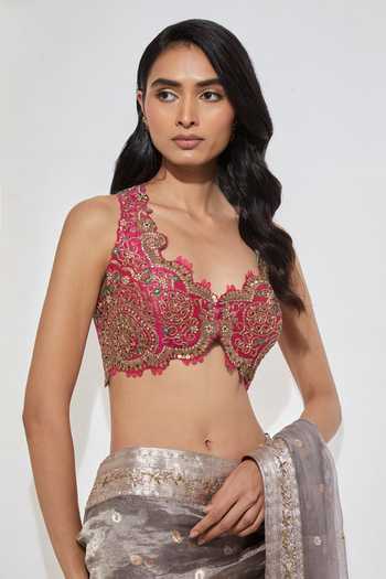 Shop Aum By Asit And Ashima Pink Raw Silk, Silk, Tissue Cut-out Neck Organza Saree With Hot Blouse Online at Aza Fashions Shop_Aum By Asit And Ashima_Pink Raw Silk, Silk, Tissue Cut-out Neck Organza Saree With Hot Blouse _Online_at_Aza_Fashions