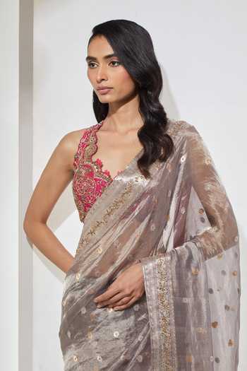 Aum By Asit And Ashima Pink Raw Silk, Silk, Tissue Cut-out Neck Organza Saree With Hot Blouse at Aza Fashions Aum By Asit And Ashima_Pink Raw Silk, Silk, Tissue Cut-out Neck Organza Saree With Hot Blouse _at_Aza_Fashions