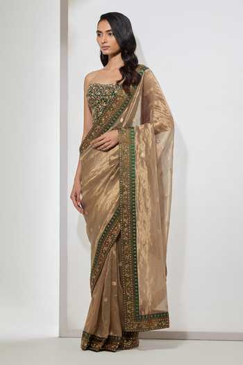 Aum By Asit And Ashima Gold , Tissue, Raw Zari, Sequins Bandeau Antique Saree With Corset Online at Aza Fashions Aum By Asit And Ashima_Gold , Tissue, Raw Zari, Sequins Bandeau Antique Saree With Corset _Online_at_Aza_Fashions