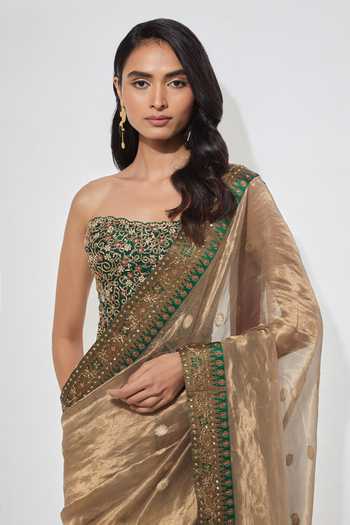 Shop Aum By Asit And Ashima Gold , Tissue, Raw Zari, Sequins Bandeau Antique Saree With Corset Online at Aza Fashions Shop_Aum By Asit And Ashima_Gold , Tissue, Raw Zari, Sequins Bandeau Antique Saree With Corset _Online_at_Aza_Fashions