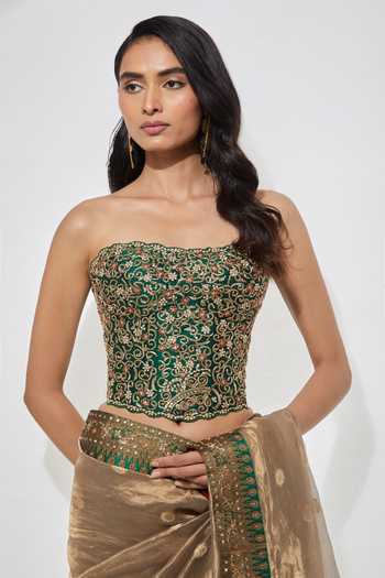 Aum By Asit And Ashima Gold , Tissue, Raw Zari, Sequins Bandeau Antique Saree With Corset at Aza Fashions Aum By Asit And Ashima_Gold , Tissue, Raw Zari, Sequins Bandeau Antique Saree With Corset _at_Aza_Fashions