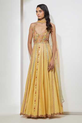Aum By Asit And Ashima Mustard , Brocade, Raw , Organza Sleeveless Anarkali With Dupatta Online at Aza Fashions Aum By Asit And Ashima_Mustard , Brocade, Raw , Organza Sleeveless Anarkali With Dupatta _Online_at_Aza_Fashions