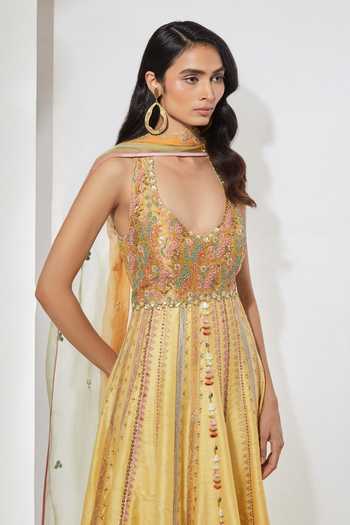Shop Aum By Asit And Ashima Mustard , Brocade, Raw , Organza Sleeveless Anarkali With Dupatta Online at Aza Fashions Shop_Aum By Asit And Ashima_Mustard , Brocade, Raw , Organza Sleeveless Anarkali With Dupatta _Online_at_Aza_Fashions
