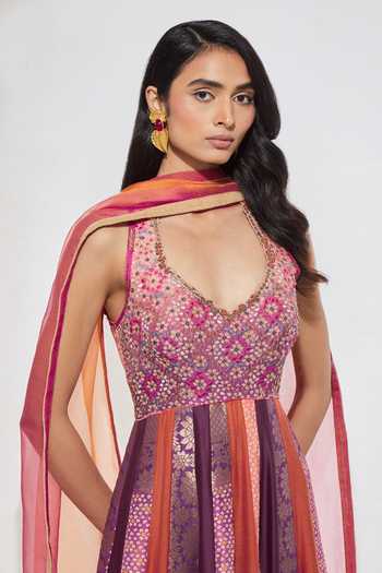 Shop Aum By Asit And Ashima Multicolor , Chanderi , Printed And Embellished Anarkali With Dupatta Online at Aza Fashions Shop_Aum By Asit And Ashima_Multicolor , Chanderi , Printed And Embellished Anarkali With Dupatta _Online_at_Aza_Fashions