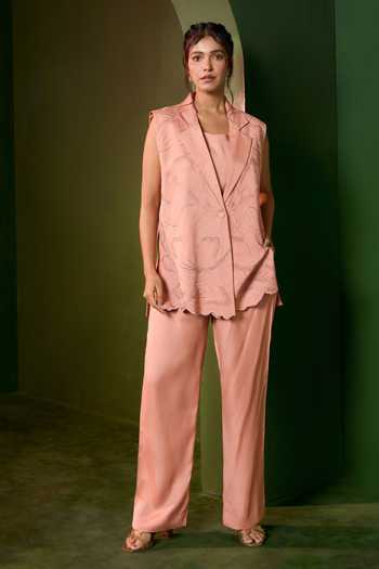 Omana By Ranjana Bothra_Peach Satin Arabella Embroidered Blazer And Trouser Set _Online_at_Aza_Fashions