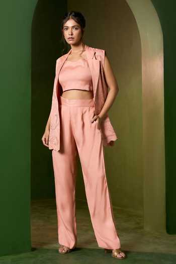 Buy_Omana By Ranjana Bothra_Peach Satin Arabella Embroidered Blazer And Trouser Set _Online_at_Aza_Fashions
