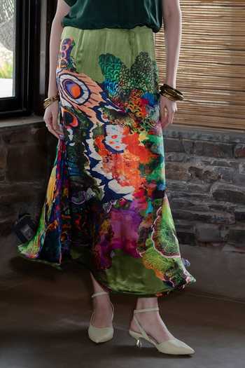 Amka_Emerald Green Crepe, Chiffon High Neck Moi Printed Skirt And Top Set _Online_at_Aza_Fashions