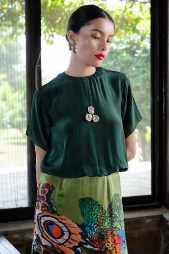 Buy_Amka_Emerald Green Crepe, Chiffon High Neck Moi Printed Skirt And Top Set _Online_at_Aza_Fashions