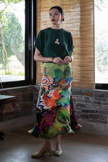 Shop_Amka_Emerald Green Crepe, Chiffon High Neck Moi Printed Skirt And Top Set _Online_at_Aza_Fashions