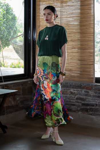 Amka_Emerald Green Crepe, Chiffon High Neck Moi Printed Skirt And Top Set _at_Aza_Fashions