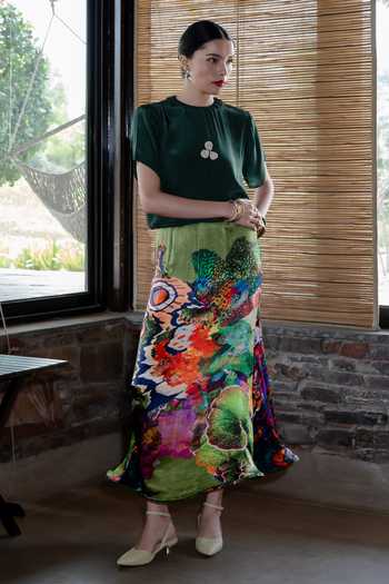 Buy_Amka_Emerald Green Crepe, Chiffon High Neck Moi Printed Skirt And Top Set 