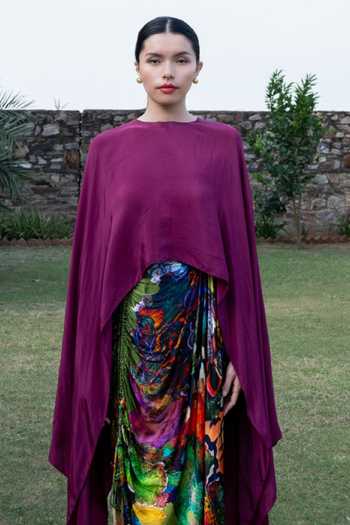 Amka_Magenta Crepe, Chiffon Round Neck Chinchin Cape Top And Printed Skirt Set _Online_at_Aza_Fashions