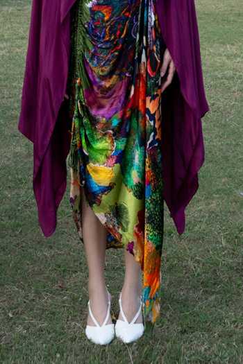 Buy_Amka_Magenta Crepe, Chiffon Round Neck Chinchin Cape Top And Printed Skirt Set _Online_at_Aza_Fashions
