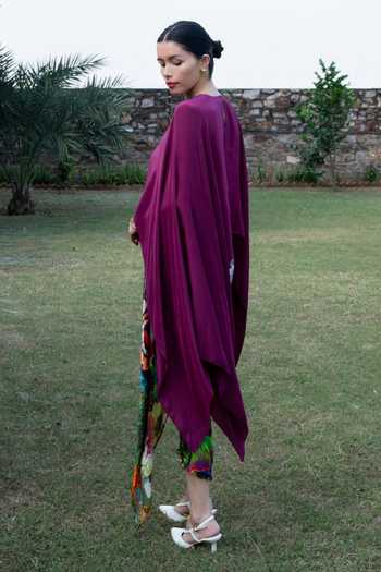Shop_Amka_Magenta Crepe, Chiffon Round Neck Chinchin Cape Top And Printed Skirt Set _Online_at_Aza_Fashions