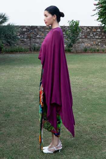 Amka_Magenta Crepe, Chiffon Round Neck Chinchin Cape Top And Printed Skirt Set _at_Aza_Fashions