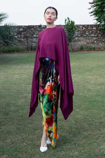 Buy_Amka_Magenta Crepe, Chiffon Round Neck Chinchin Cape Top And Printed Skirt Set 