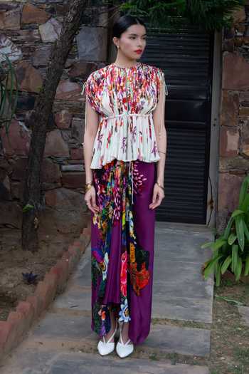 Amka_Multi Color Crepe Round Neck Dolin Pleated And Printed Top Skirt Set _Online_at_Aza_Fashions