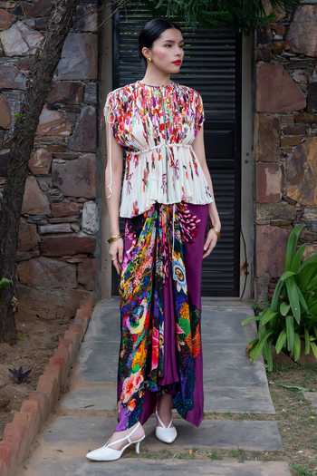 Shop_Amka_Multi Color Crepe Round Neck Dolin Pleated And Printed Top Skirt Set _Online_at_Aza_Fashions
