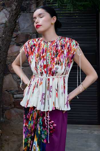 Amka_Multi Color Crepe Round Neck Dolin Pleated And Printed Top Skirt Set _at_Aza_Fashions