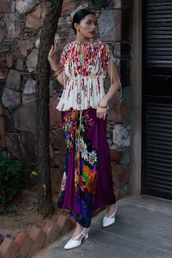 Amka Dolin Pleated & Printed Top Skirt Set 