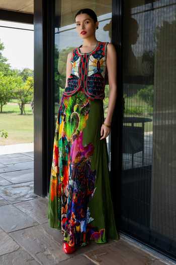 Amka Multi Color Crepe Iris Printed Skirt at Aza Fashions Amka_Multi Color Crepe Iris Printed Skirt _at_Aza_Fashions