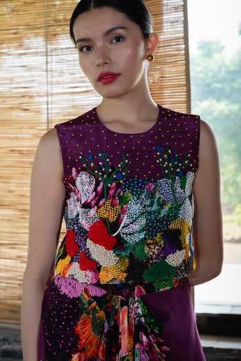 Shop_Amka_Multi Color Crepe Round Neck Ladybug Embroidered Top And Skirt Set _Online_at_Aza_Fashions