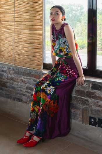 Amka_Multi Color Crepe Round Neck Ladybug Embroidered Top And Skirt Set _at_Aza_Fashions