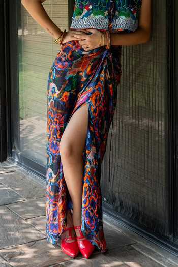 Amka_Navy Crepe, Chiffon Round Neck Assagao Sleeveless Top Skirt Set _Online_at_Aza_Fashions