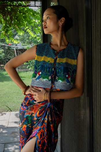 Buy_Amka_Navy Crepe, Chiffon Round Neck Assagao Sleeveless Top Skirt Set _Online_at_Aza_Fashions