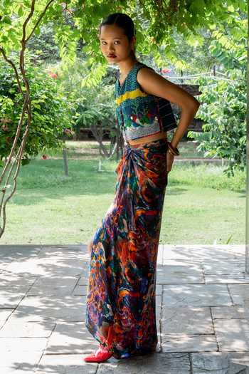 Amka_Multi Color Crepe Round Neck Assagao Sleeveless Top _at_Aza_Fashions