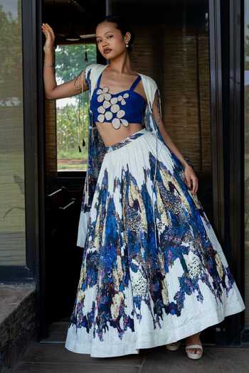 Amka_Blue Crepe Embroidery Candolim Pleated Skirt _Online_at_Aza_Fashions