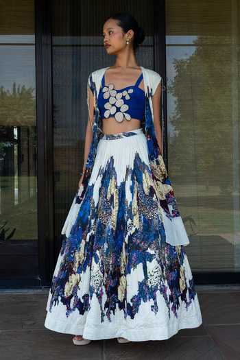 Buy_Amka_Blue Crepe Embroidery Candolim Pleated Skirt _Online_at_Aza_Fashions