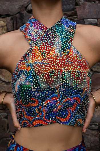 Shop_Amka_Multi Color Crepe Halter Neck Colva Sequin Work And Printed Top Skirt Set _Online_at_Aza_Fashions