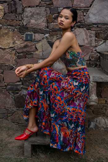 Buy_Amka_Multi Color Crepe Halter Neck Colva Sequin Work And Printed Top Skirt Set 