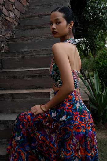 Shop_Amka_Multi Color Crepe Halter Neck Colva Sequin Work And Printed Top Skirt Set 