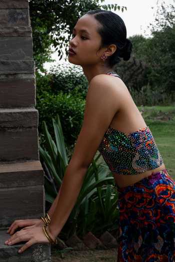 Amka_Multi Color Crepe Halter Neck Colva Sequin Work And Printed Crop Top _Online_at_Aza_Fashions