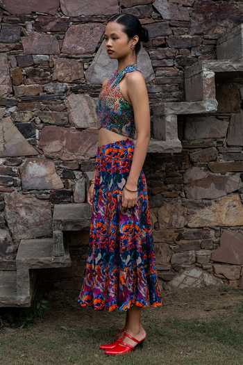 Amka_Multi Color Crepe Halter Neck Colva Sequin Work And Printed Crop Top _at_Aza_Fashions