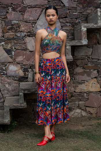 Amka Colva Sequin Work & Printed Crop Top 