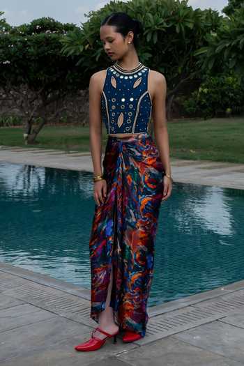Amka_Blue Crepe High Neck Firefly Embellished Blouse _Online_at_Aza_Fashions