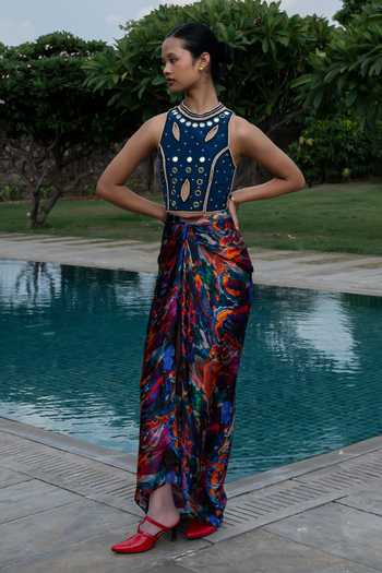 Buy_Amka_Blue Crepe High Neck Firefly Embellished Blouse _Online_at_Aza_Fashions