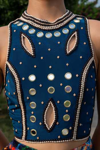 Shop_Amka_Blue Crepe High Neck Firefly Embellished Blouse _Online_at_Aza_Fashions