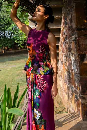 Amka Multi Color Crepe Round Neck Nectar Printed Skirt Set at Aza Fashions Amka_Multi Color Crepe Round Neck Nectar Printed Skirt Set _at_Aza_Fashions