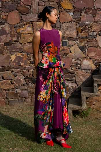 Buy Amka Multi Color Crepe Round Neck Nectar Printed Skirt Set Buy_Amka_Multi Color Crepe Round Neck Nectar Printed Skirt Set