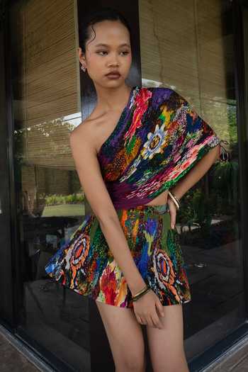 Buy_Amka_Multi Color Crepe One Shoulder Printed Blouse And Skirt Set _Online_at_Aza_Fashions